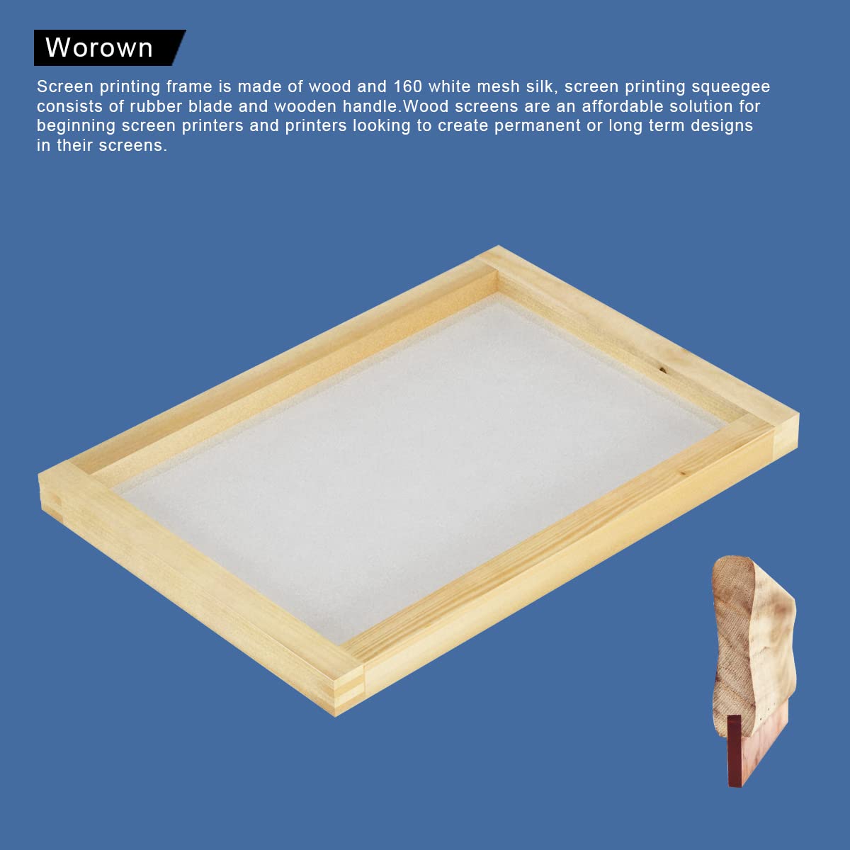 Worown 10 X 14 Inch Wood Silk Screen Printing Frame with 110 White Mesh and 1 Piece 4 x 10 Inches Screen Printing Squeegee for Screen Printing