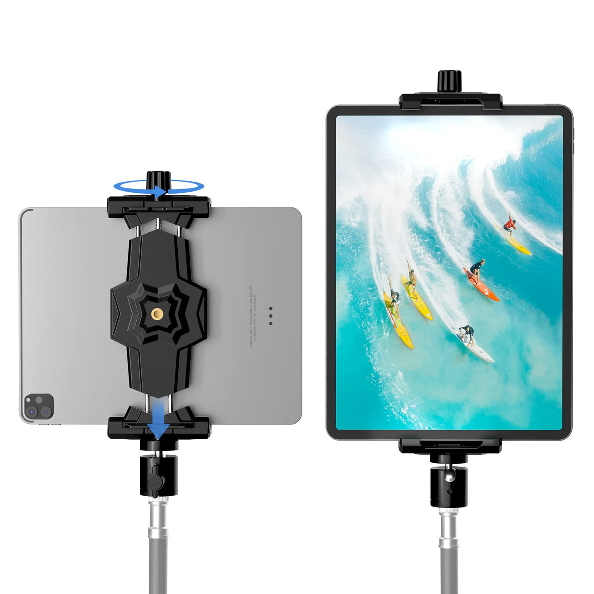 KDD iPad and Phone Tripod Mount Adapter with Ball Head, iPad Holder for Tripod, 360 Rotatable Tablet Clamp Mount fits iPad Pro 12.9, Air Mini 3 4, Galaxy Tab, Surface Pro, Selfie Stick(5.3-10.6")