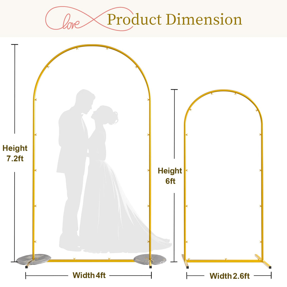 Snughome Arch Backdrop Stand, Set of 2 Metal Balloon Arch Stand (7.2FT+6FT), Gold Wedding Arch Frame for Party, Baby Shower, Holiday, Ideal for Balloon Flower