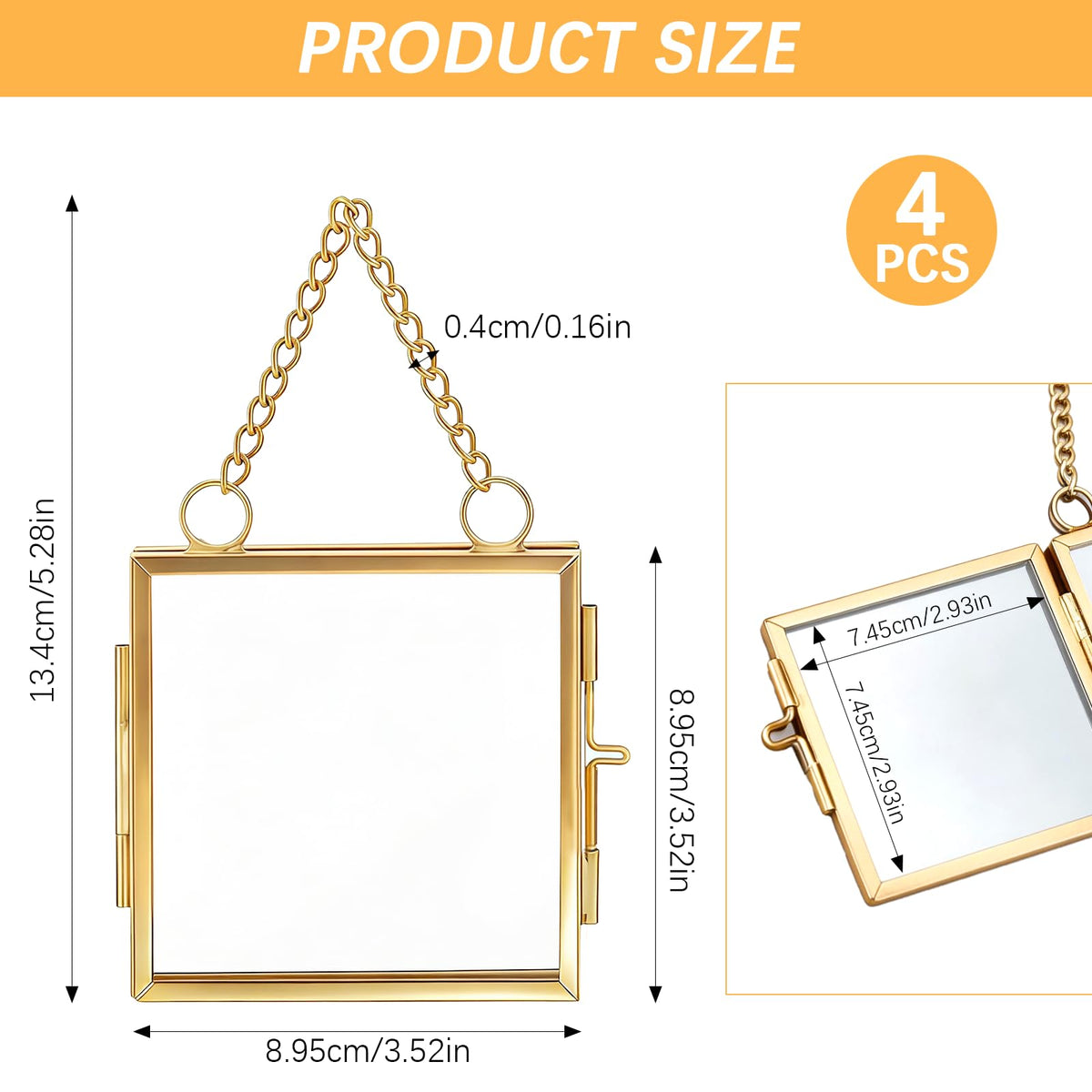 Orepzinc 4 Pcs Mini Brass Wall Hanging Photo Frame, Square Glass Hanging Picture Artwork Display Frame, Double Glass Floating Frame Style Gallery Wall for Picture, Pressed Flower (3.5x3.5 inch)