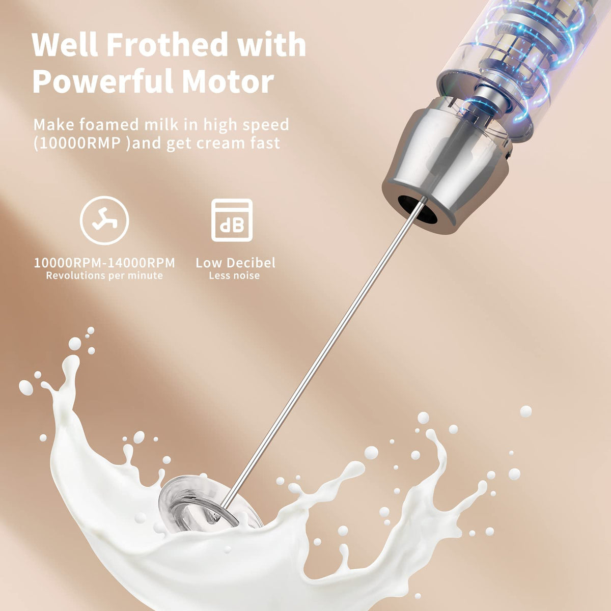 Maestri House Rechargeable Milk Frother, LunaFro NS 2-Speed Handheld Electric Foam Maker Waterproof Detachable Stainless Steel Whisk Drink Mixer Foamer for Lattes, Cappuccino, No Stand