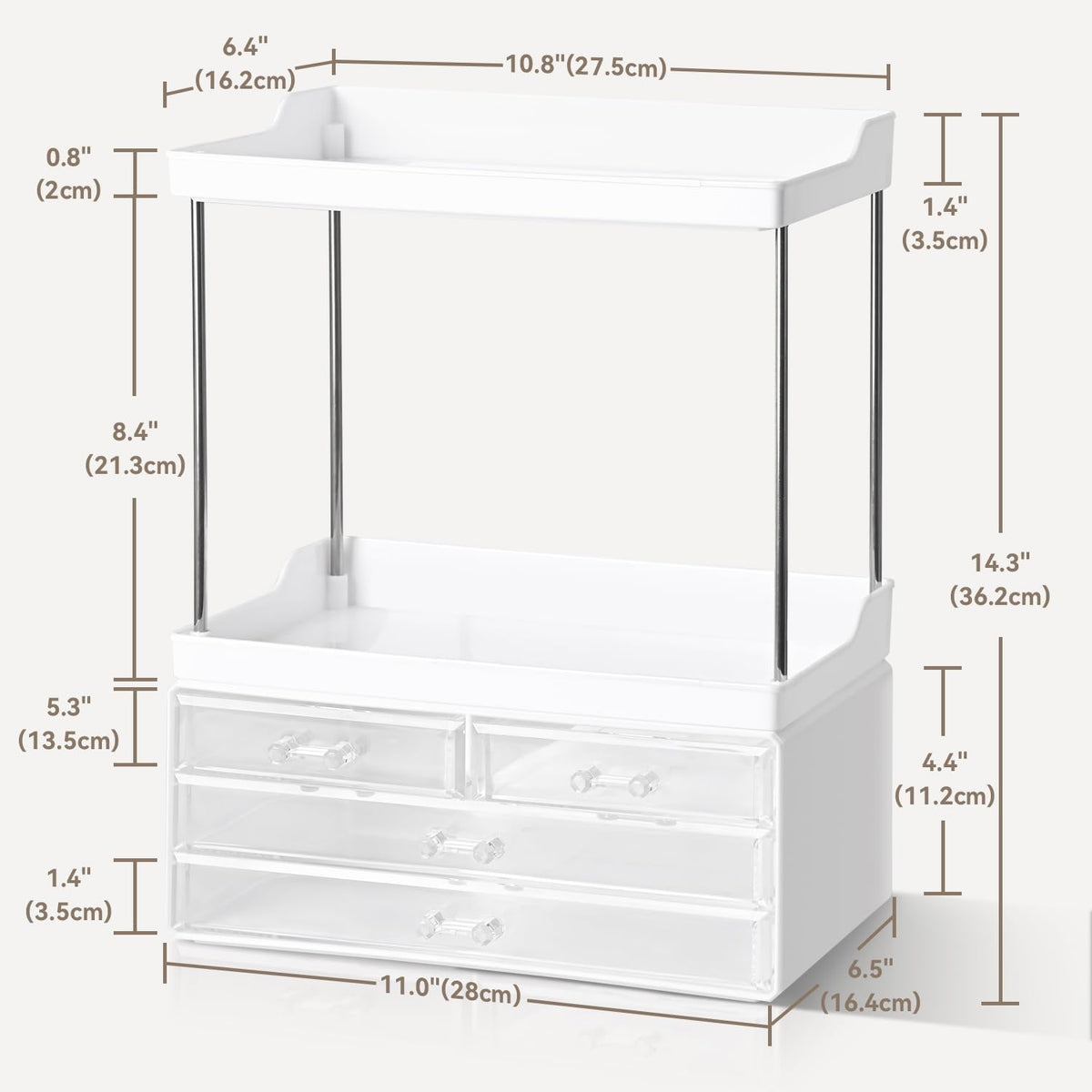 Brothersbox Bathroom Organizers and Storage, 5-Tier 4-Drawer Makeup Organizer Countertop, Multi-Purpose Large Makeup Vanity Organizer, Hair Product, Perfume & Skincare Storage, White