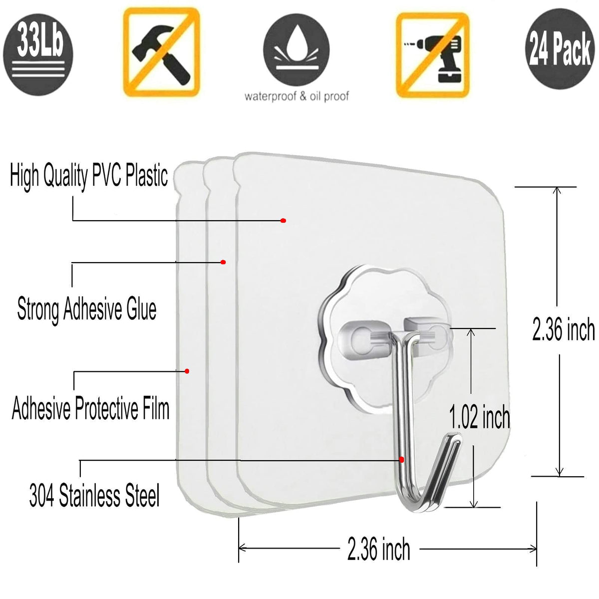 Jwxstore 24 Pack Adhesive Wall Hooks 33LB Heavy Duty No Drill Transparent Waterproof Hooks for Bathroom Kitchen Towel Coat Office Home Outdoor