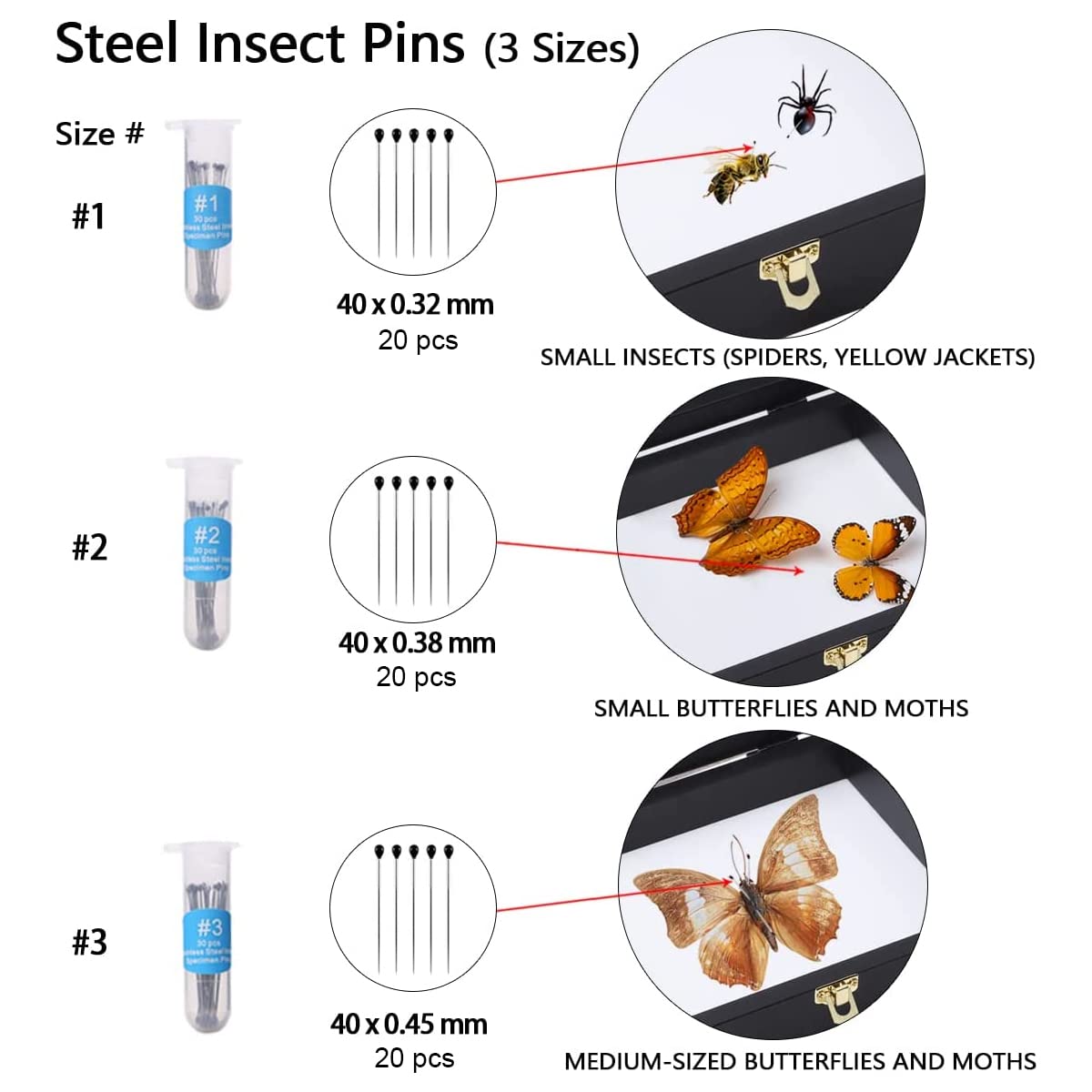 IHEIPYE Insect Display Case Wall Mount Bug Display Case Collection Box for Butterfly Specimen with Anti Fade UV Protection Acrylic Top Eva Foam Pinning Board and 3 Sizes Pins Insect Shadow Box