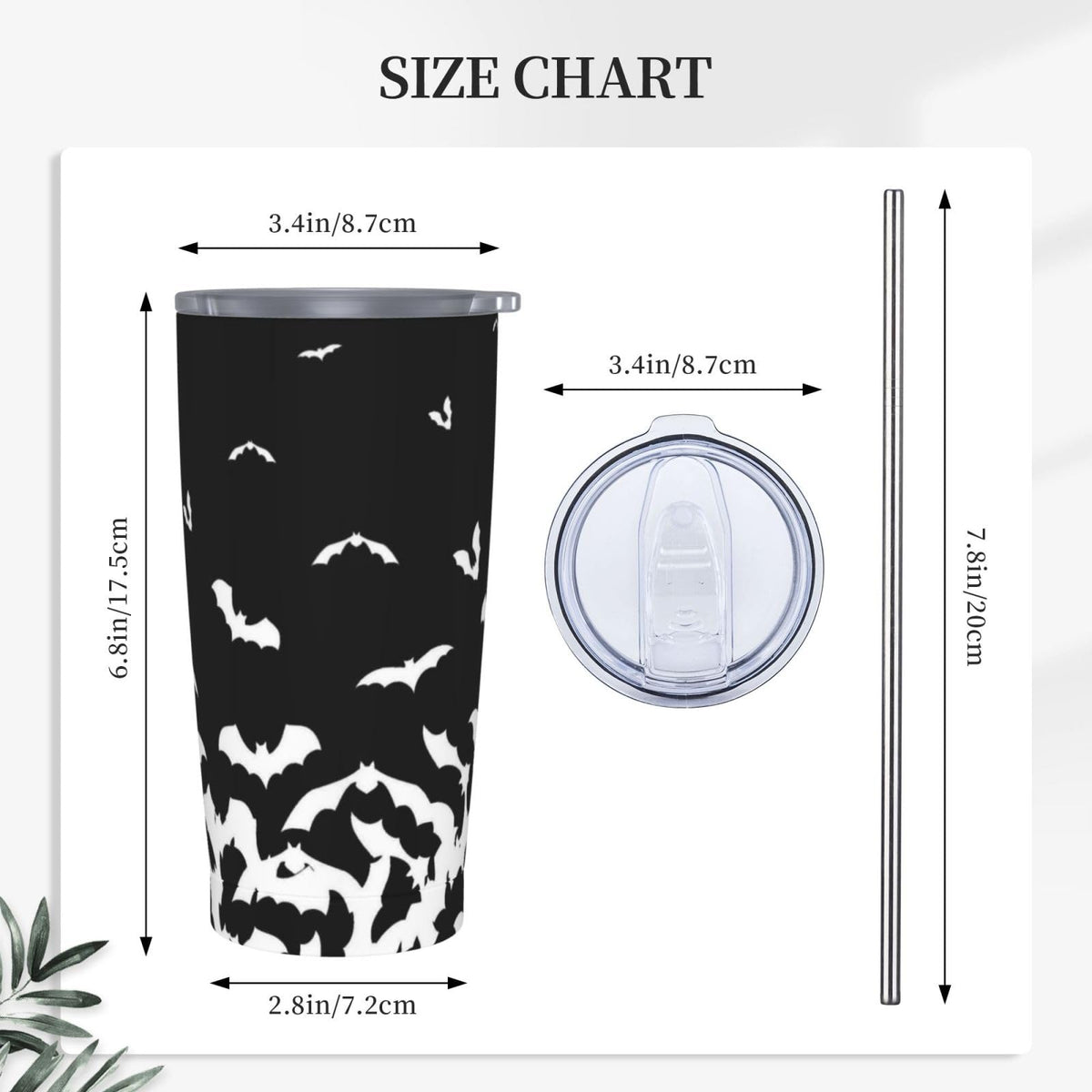 TOUNHEYA Halloween Bat Tumbler with Lid and Straw Black White 20oz Insulated Stainless Steel Cup Animal Travel Coffee Mug Water Bottle for Women Gift for Birthday Christmas