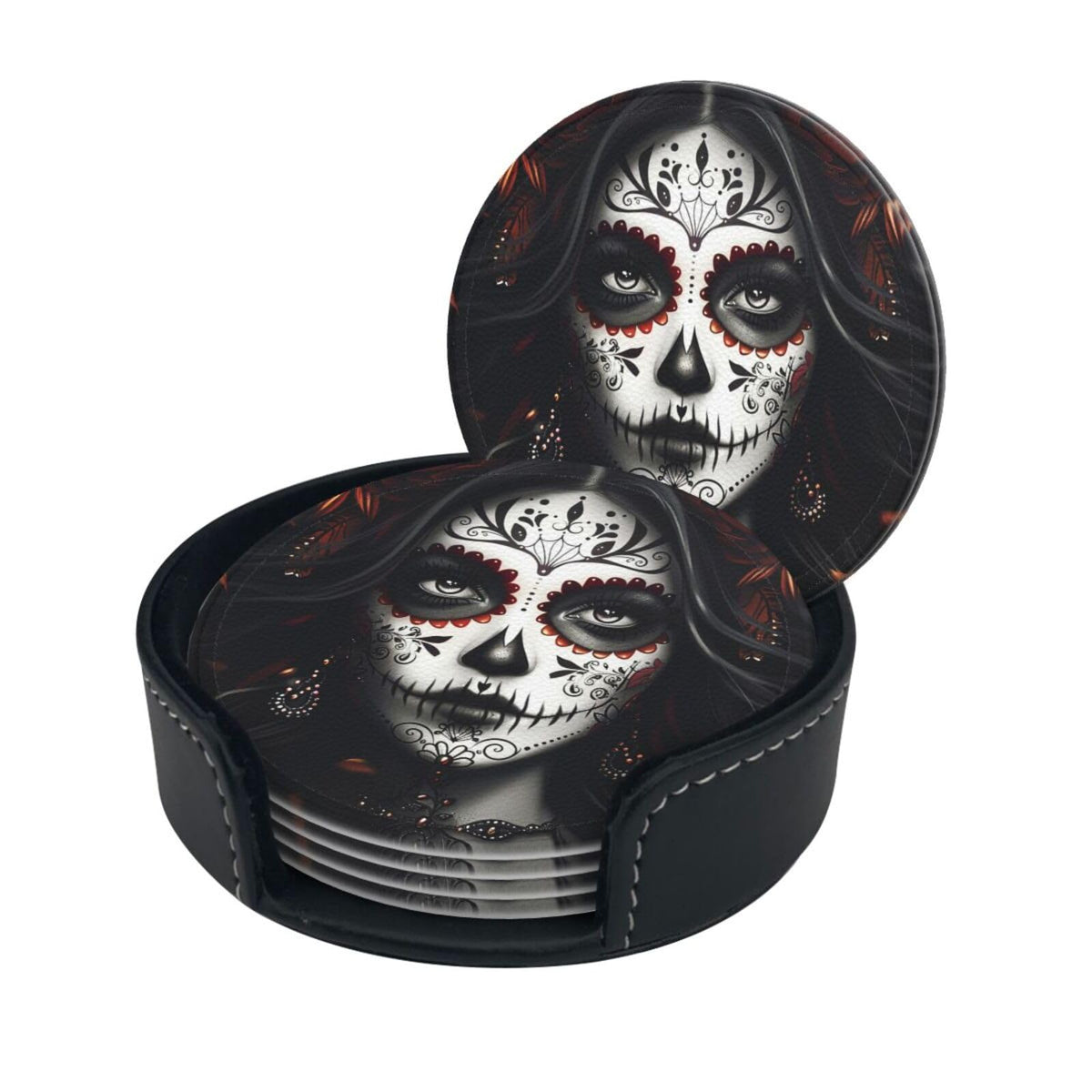 Sugar Skull Coasters with Holder Leather Coasters for Drinks Set of 6 Funny Halloween Drink Coasters Sets for Living Room Kitchen Coffee Bar Holiday Decor