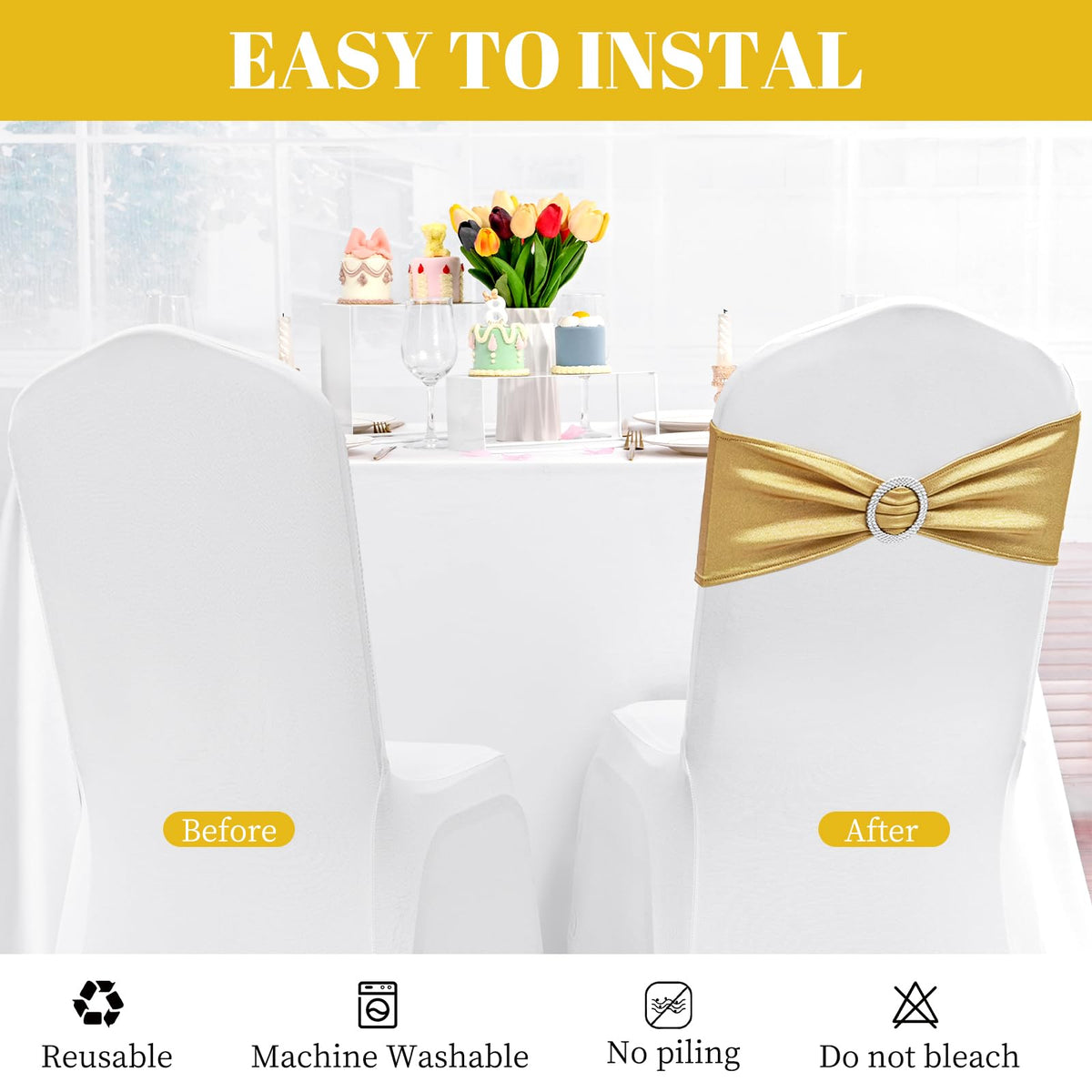 100 PCS Spandex Chair Sashes Bows Premium Stretch Chair Cover Band with Buckle Slider Universal Elastic Chair Ties for Wedding Party Ceremony Events Reception Banquet Decoration (Metallic Gold)