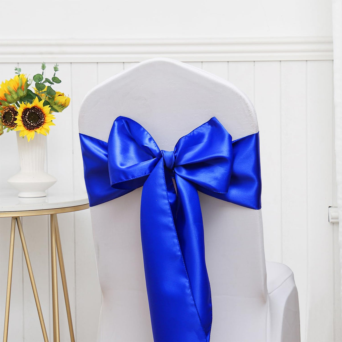 ZSJFMF Pack of 50 Satin Royal Blue Chair Sashes Bows 7 X 108 Inch Universal Gold Chair Ribbons for Wedding Ceremony Party Banquet Event Chair Decorations - Royal Blue Chair Sashes 50 Pack