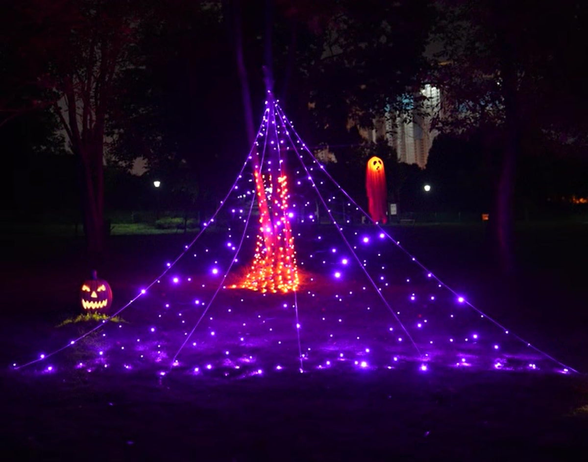 BlcTec Halloween Decorations Giant Spider Web Lights, 19.7ft x 14.7ft Lighted White Spider Web with 250 LEDs, Sturdy Wire Halloween Web Lights with 8 Modes, Waterproof for Yard, Porch Decor (Purple)
