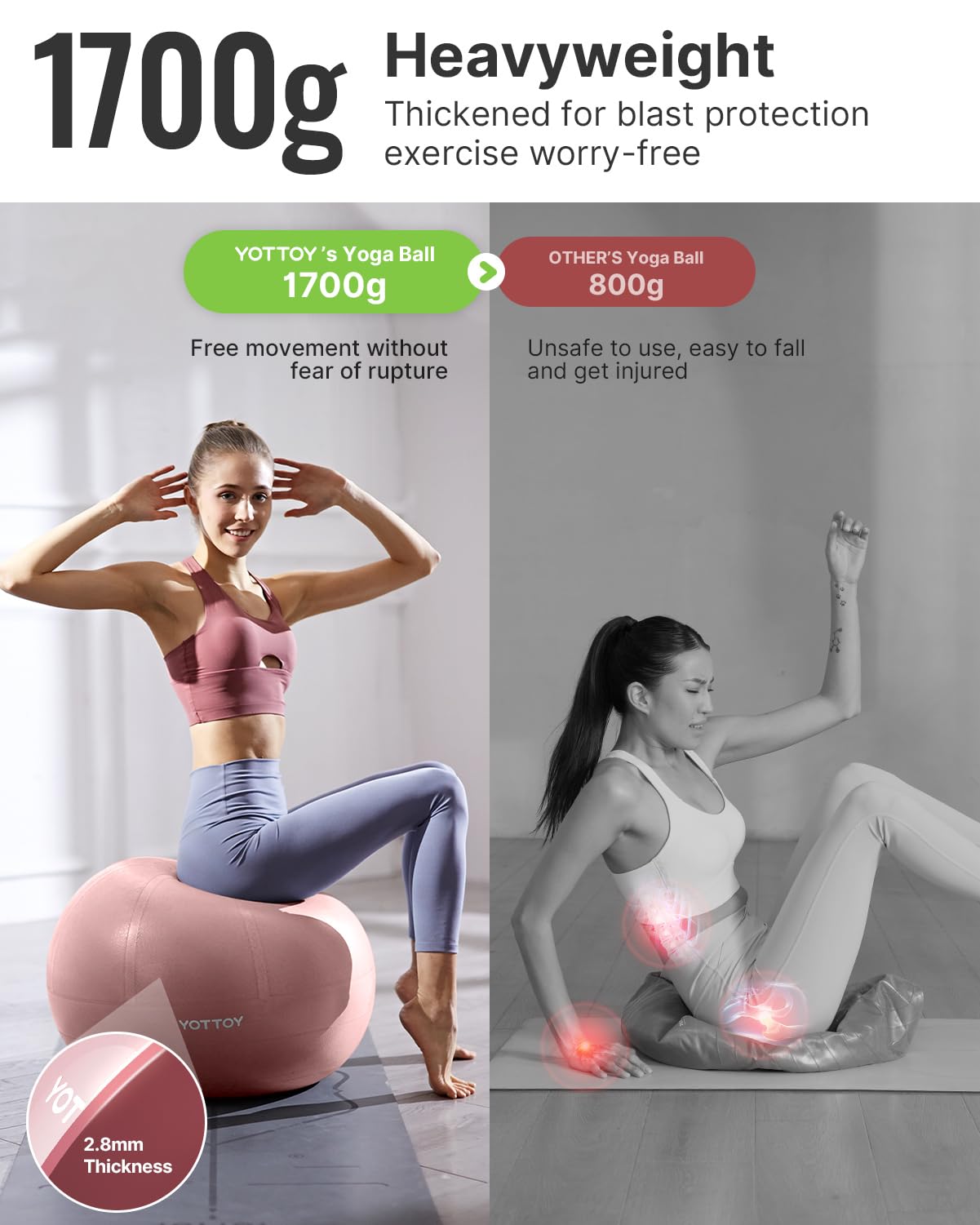 YOTTOY Anti-Burst Exercise Ball for Working Out, Yoga Ball for Pregnancy,Extra Thick Workout for Physical Therapy,Stability Ball for Ball Chair Fitness with Pump (Pink)