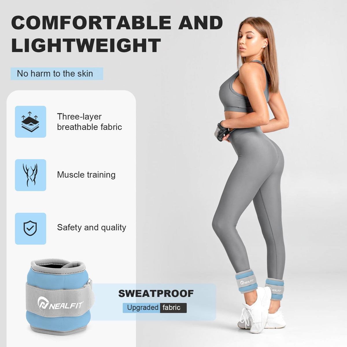 NEALFIT Ankle Wrist Weights, Adjustable Arm Leg Weights for Women Men, Secure Fit Non-Slip Exercise Weights for Home Workout, Running, Walking, Aerobics, Physical Therapy (Haze Blue, 2Lbs Pair (1lb x 2))