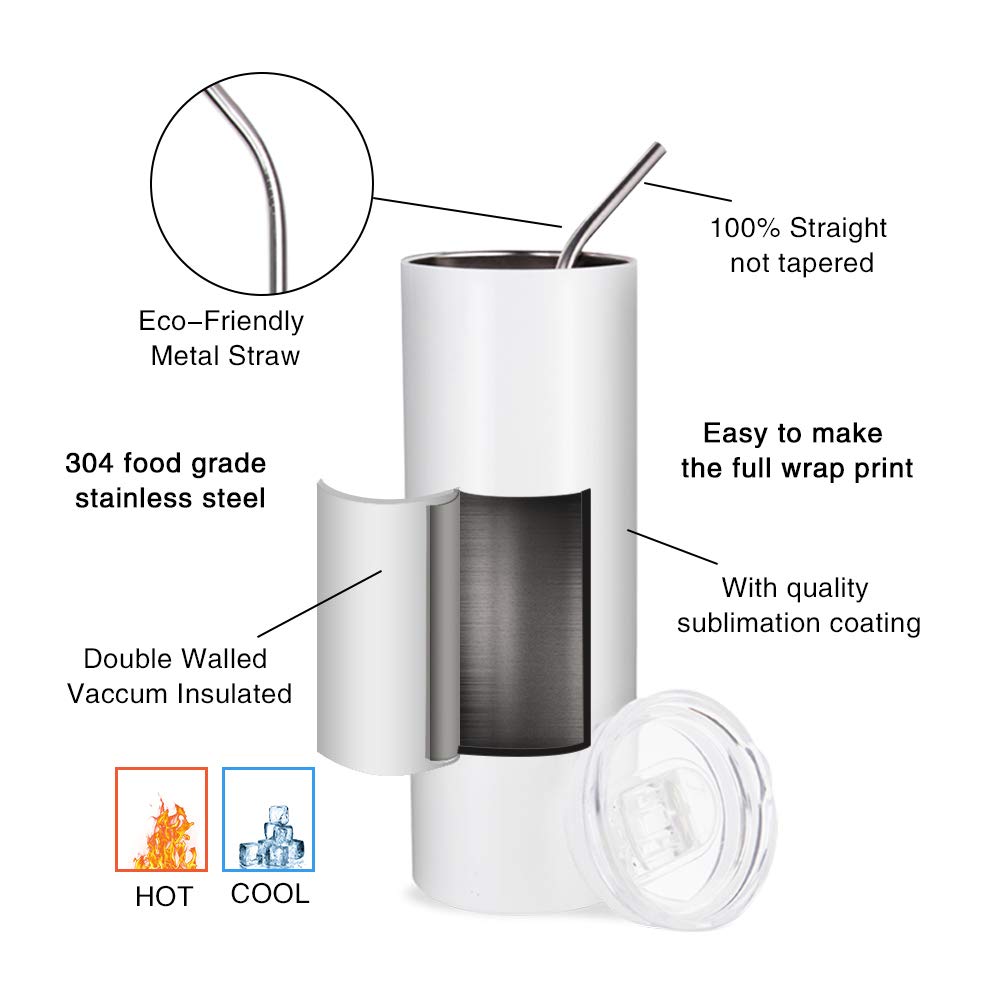 PYD Life Sublimation Blanks Skinny Tumbler White 20 OZ Straight Stainless Steel with Metal Straw for Mug Tumbler Heat Press Machine Sublimation Printing 4 Pack