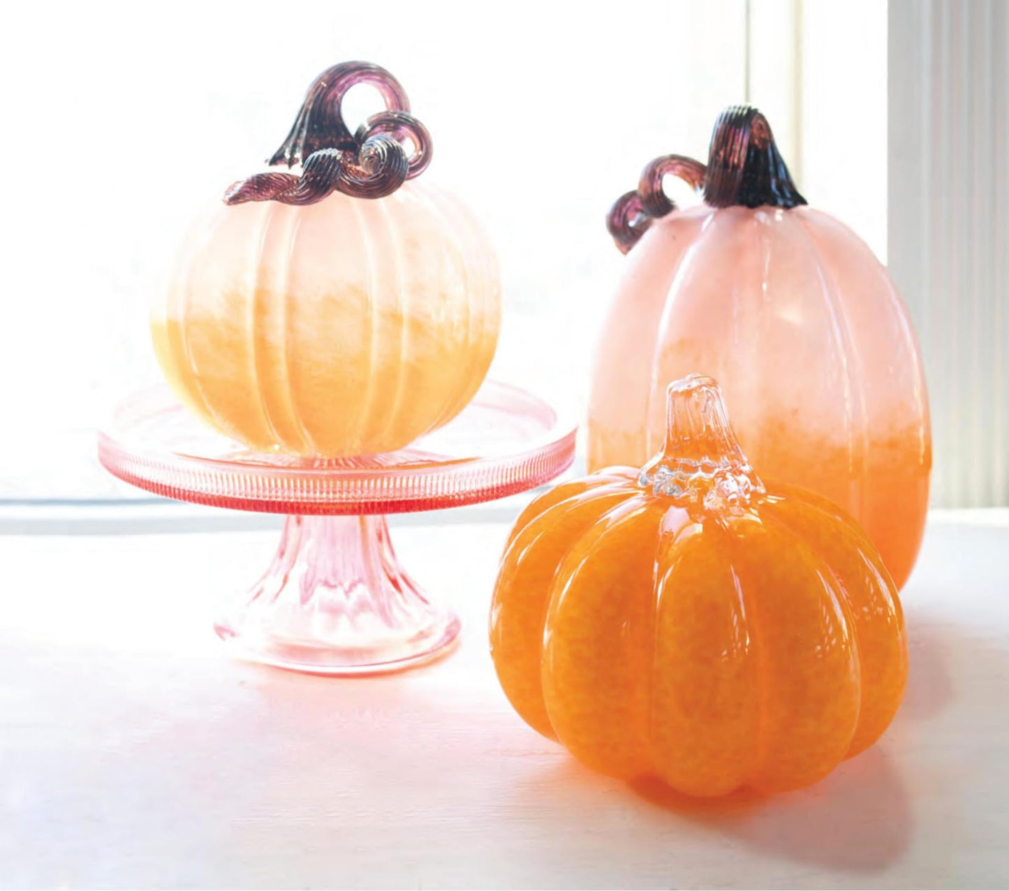 Boston International Handblown Art Glass Pumpkin Thanksgiving Halloween Decorations for Home, Large, Ombre Pink & Orange