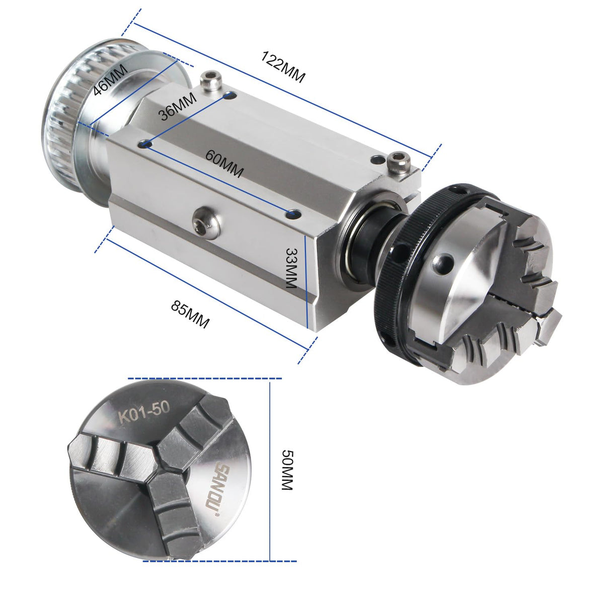 RATTMMOTOR No powered Multi-function Lathe Chuck Spindle Assemblies 895 Motor Rotary Lathe Woodworking Spindle Motor Chuck 50mm for CNC Lathe Grinder machine Table Saw (3 Jaw 50mm)