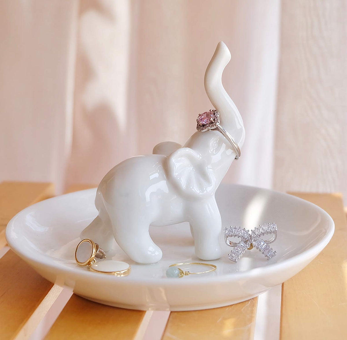 PUDDING CABIN White Elephant Ring Holder Dish Ring Tray for Jewelry | Elephant Gifts for Women Christmas, Birthday, Mother's Day