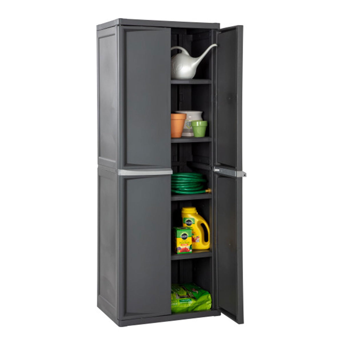 Sterilite 4 Shelf Cabinet, Lockable Utility Storage w/ Adjustable Shelves, Gray - Plastic Shelving Unit for Organizing Garage, Pantry, Basement, Laundry Room or Mudroom