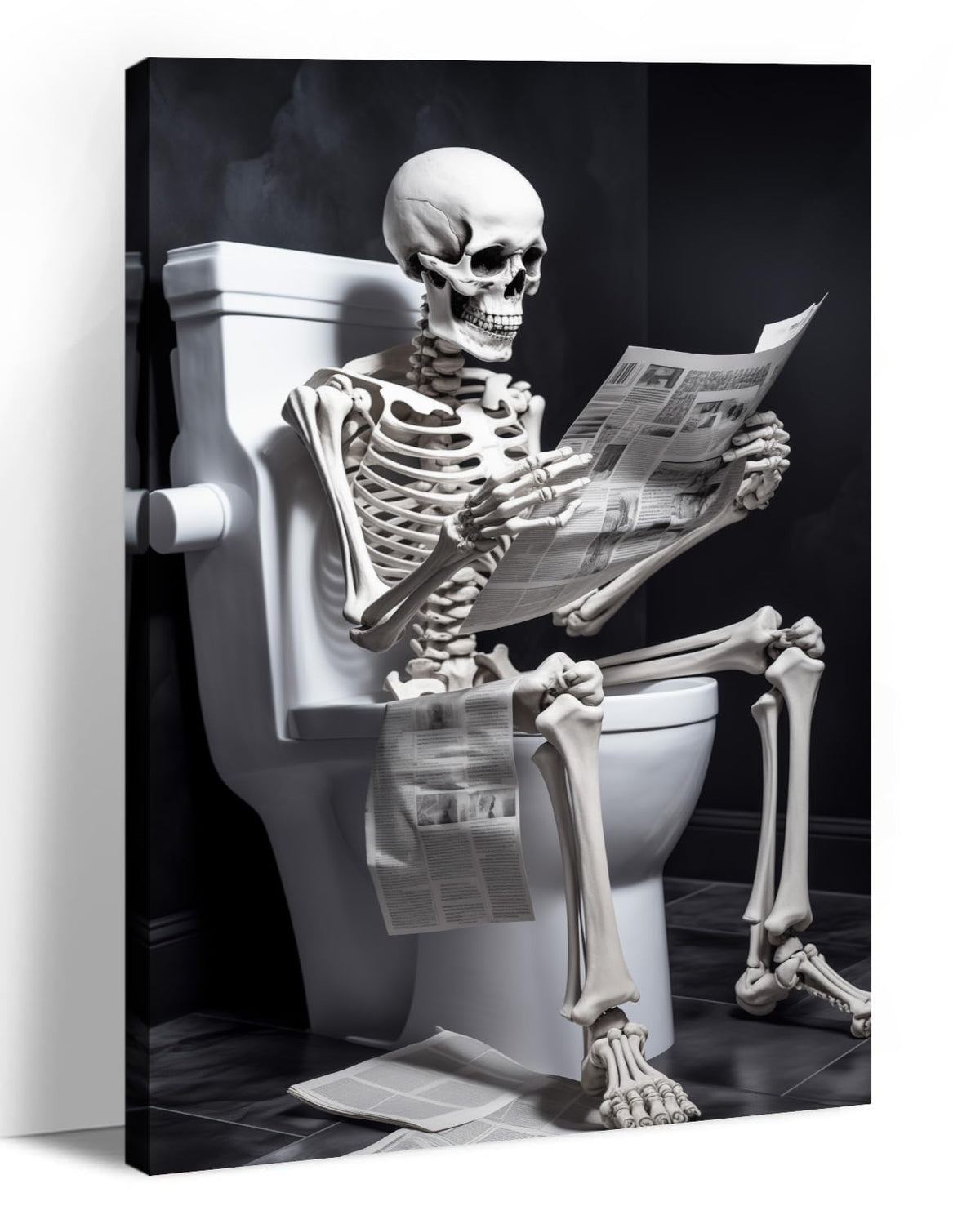 Canvas Wall Art Bathroom Decor Skeleton Sitting on Toilet Reading the Newspaper Picture Funny Skull Painting Modern Artwork for Home Decor Framed(Art-1,16.00"x24.00")