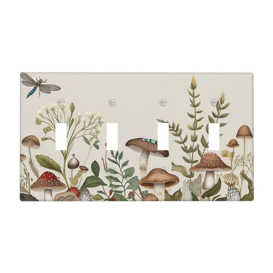 JDAKHD 70s Vintage Plant Mushroom Leaves Light Switch Cover Plate Decorative Quad Toggle Wall Plate 4 Gang Switchplate Electrical Faceplate Bathroom Bedroom Kitchen Decor