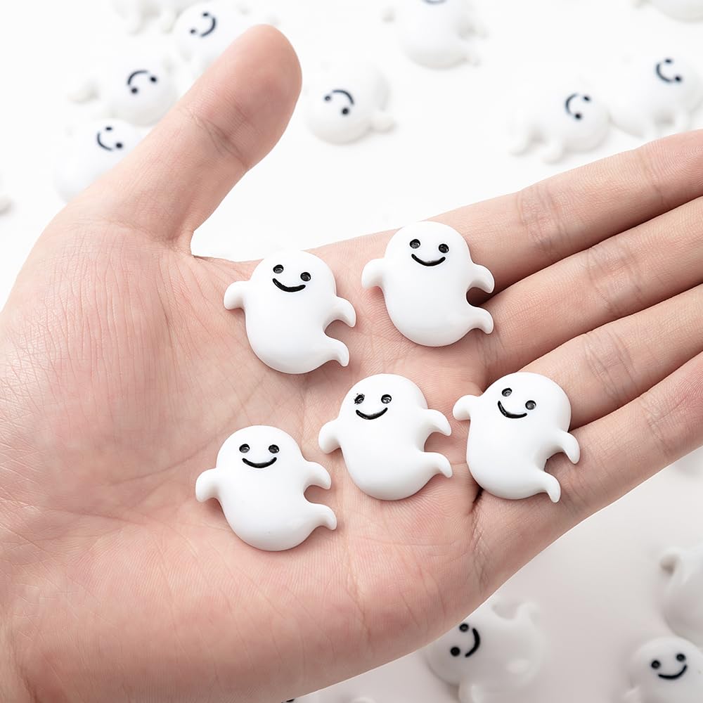 wybcfp 60Pcs Halloween Miniatures Ghost Charms Mini Resin Ghost Vase Fillers White Flatback Ghost Embellishments for Halloween Party Table Scatter Craft DIY Accessory