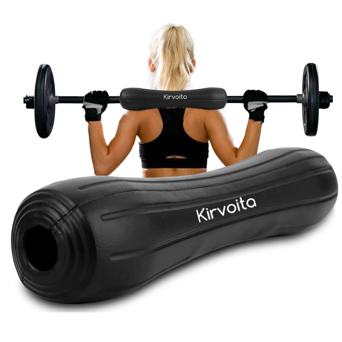 Kirvoita Rubber Barbell Pad, Squat Pad, Hip Thrust Pad, Easy to Install, No Velcro/Straps Needed, for Both Heavy Weights & Lower Weights (15.5 * 3.5 * 3.5 in, Black)