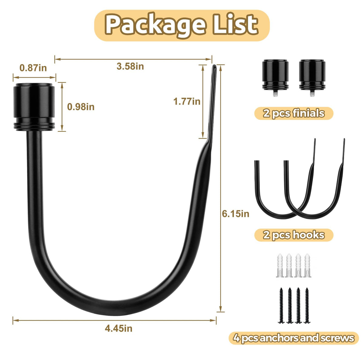 Curtain Holdbacks 2 Pack, HOTOZON Decorative Curtain Tieback with Screws Wall Mounted, Curtain Hooks for Drapes with Simple End Finials, Black (1 Pair/2 Pack), Large