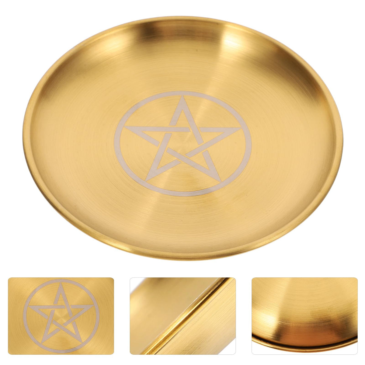 Angoily Bed Side Table Tray, Altar Plate Candle Holder, Ritual Burning Incense Offering Bowl, Decorative Tealight Tray for Witchcraft Wiccan Tarot Supplies A Witch Decor Round Metal Jewelry Tray