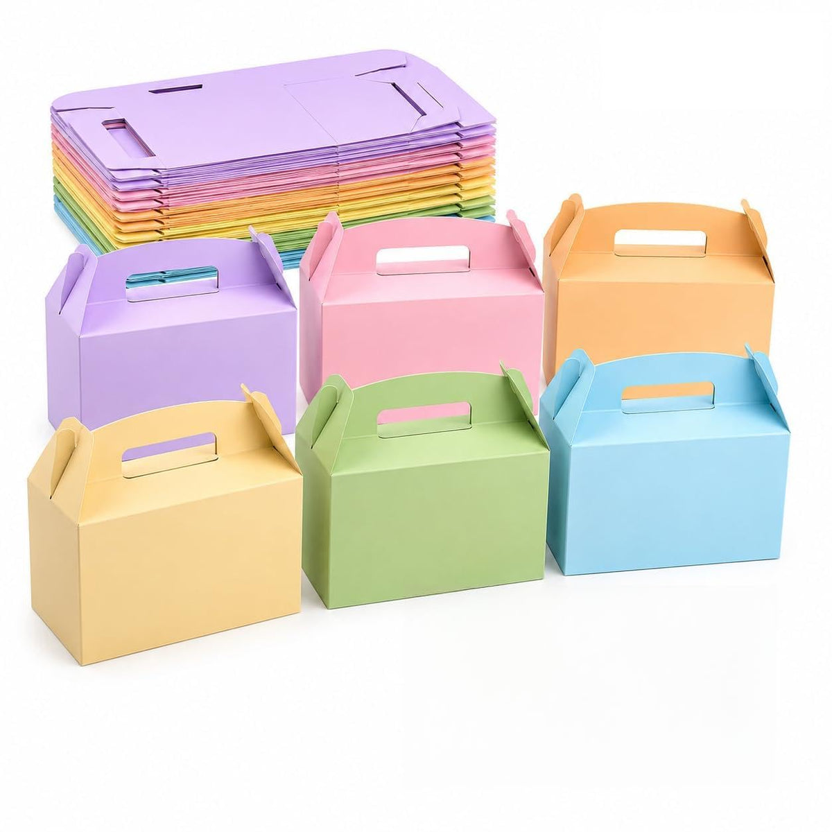 Treelement 24 Pcs Party Favor Gable Boxes with Handle and Stickers, 6×3.5×3.5 Inch Colorful Treat Boxes for Candies, Birthday, Wedding, Bridal Shower.