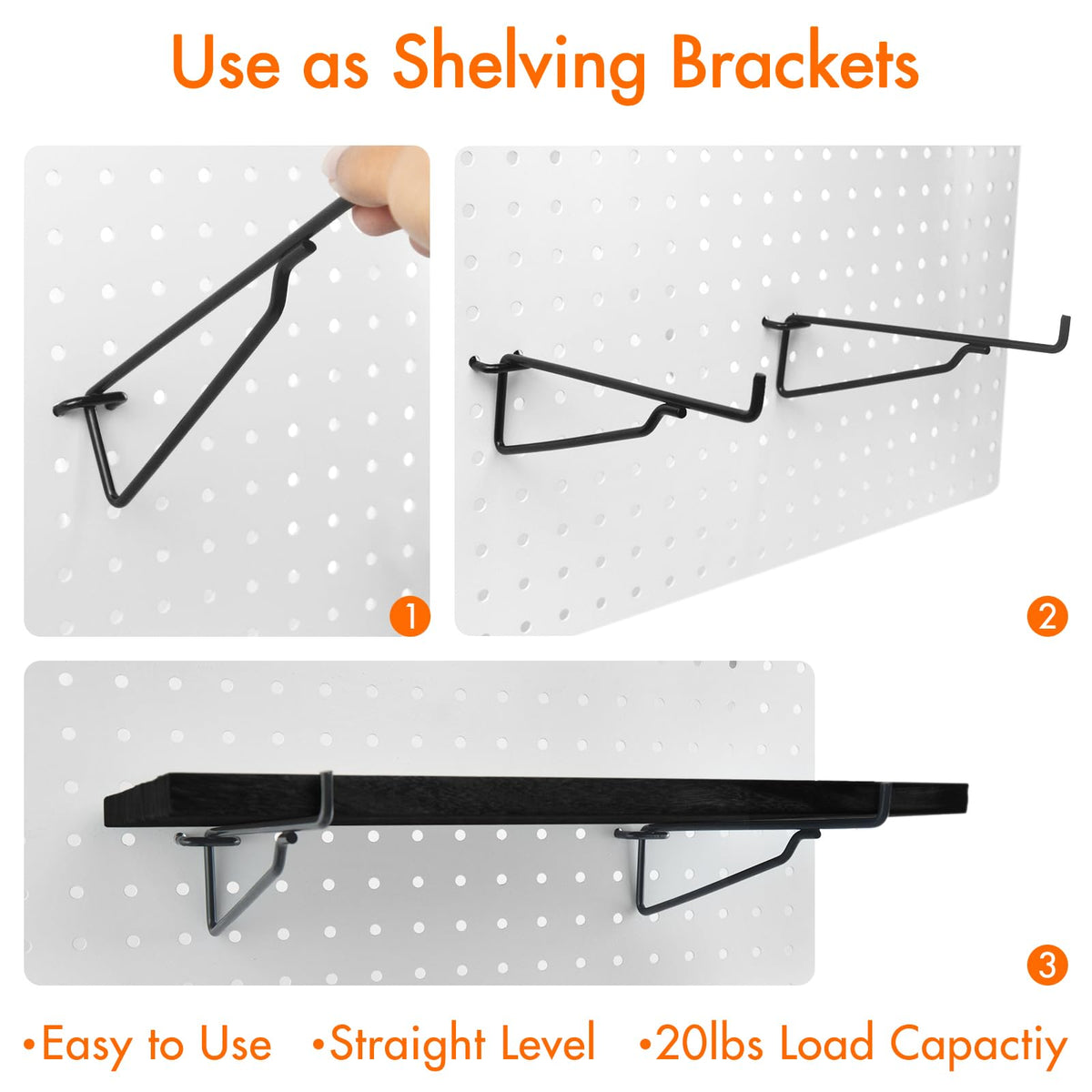 2 Pack Pegboard Shelves with Brackets, Peg Shelf Board with Hooks Fits 1/8" 1/4" Pegs Slots, Peg Board Organizer Accessories Various Tools Storage Arrange System for Garage Craft Workshop Workbench