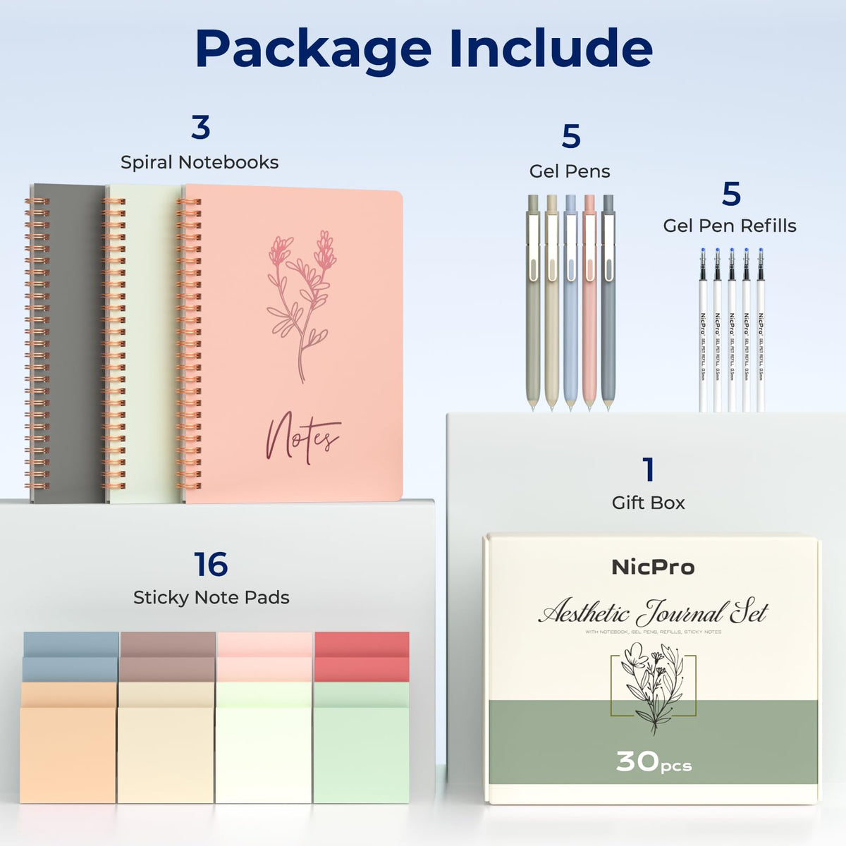 Nicpro Cute Spiral Notebook Stationary Set For Women, Bible Journal Set, 3PCS A5 Spiral Notebook, 5 Gel Pens, 5 Refills, 800 Sticky Notes, Gift Box, Aesthetic Gift Set for Study Office School Supplies