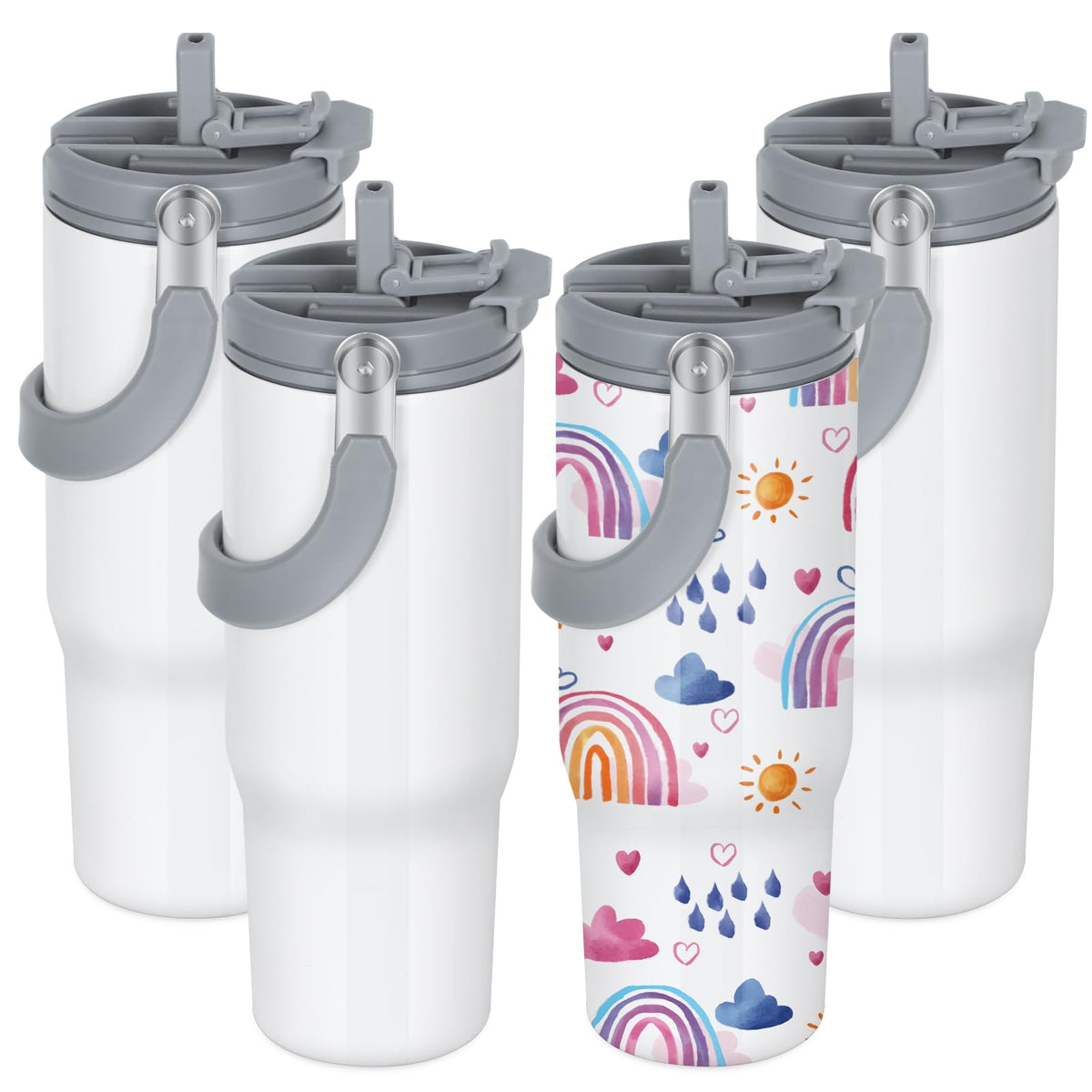 4 Pack 30oz Sublimation Tumbler with Handle, Sublimation Flip Straw Tumbler with Portable 2-in-1 Lid, Stainless Steel Insulated Water Bottle, Leak Proof Travel Coffee Mug Cup for Home, Outdoor or Car