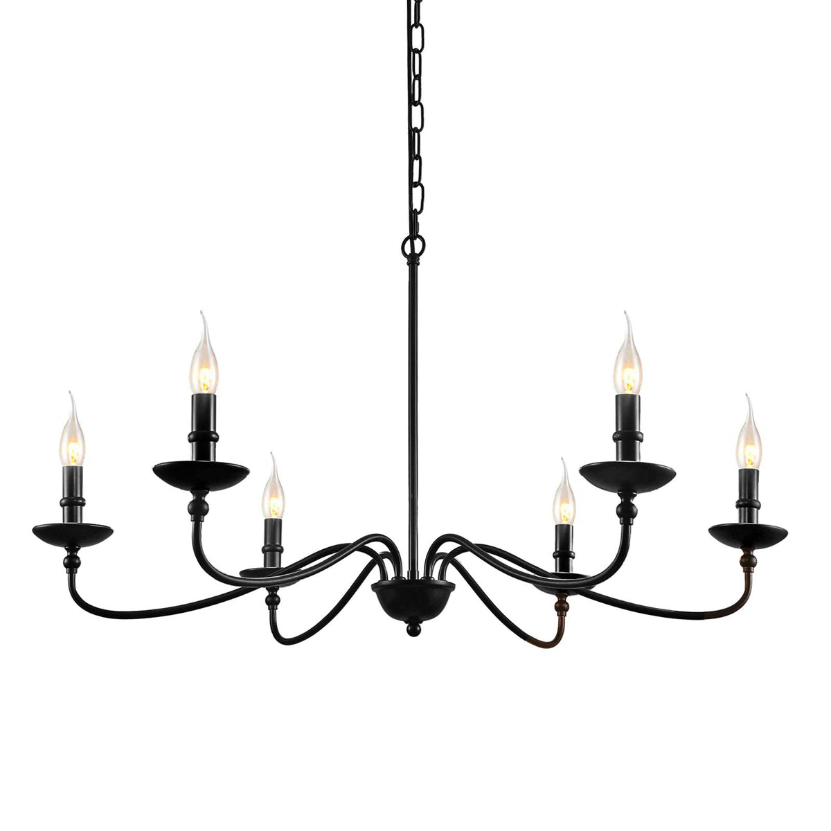 SEOL 6-Light Candelabra Chandelier, 36in Dia, Matt Black, Model SLP1902BK, Farmhouse Ceiling Pendant Light Fixture