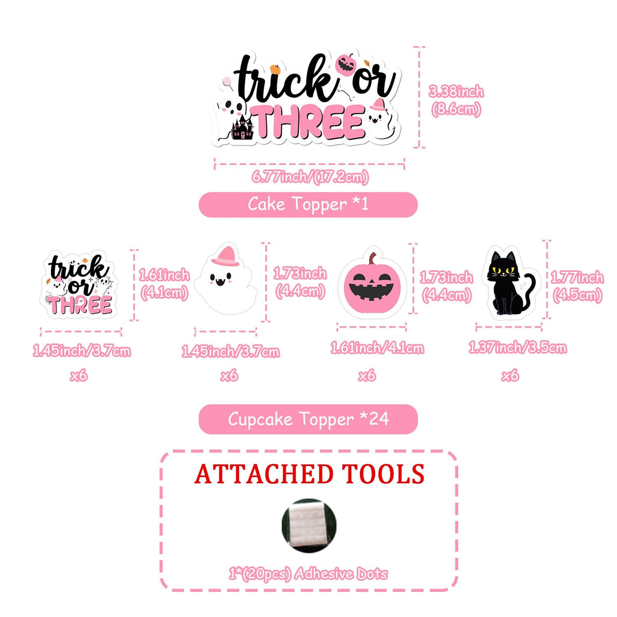Trick or Three Cake Cupcake Toppers Pink Halloween 3rd Birthday Party Decorations Boo Ghost Pumpkin Bats Cake Decor Double-Sided Printing for Girls Third Booday Party Decor Supplies