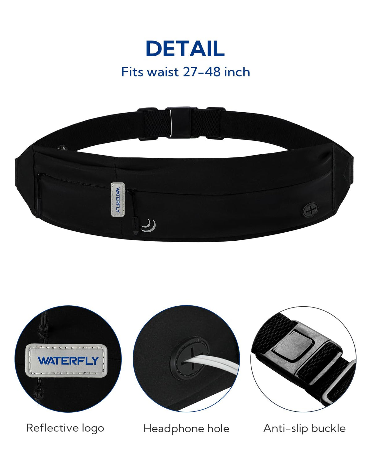 WATERFLY Running Belt Fanny Pack: Runner Marathon Jogging Waist Pack Sport Workout Exercise Fitness Phone Holder Belt for Men Women Jogger Slim Waist Bag Black