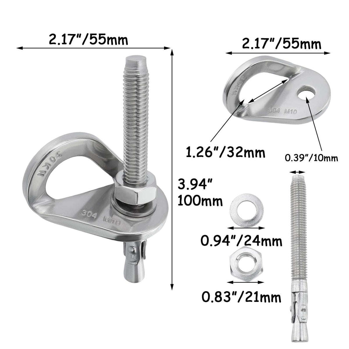 HEVSTIL 4-Pack Bolt Hanger for Climbing – 30kN Stainless Steel Rock Anchor Hanger for 10mm (3/8") Bolts for Rock Climbing, Mountaineering