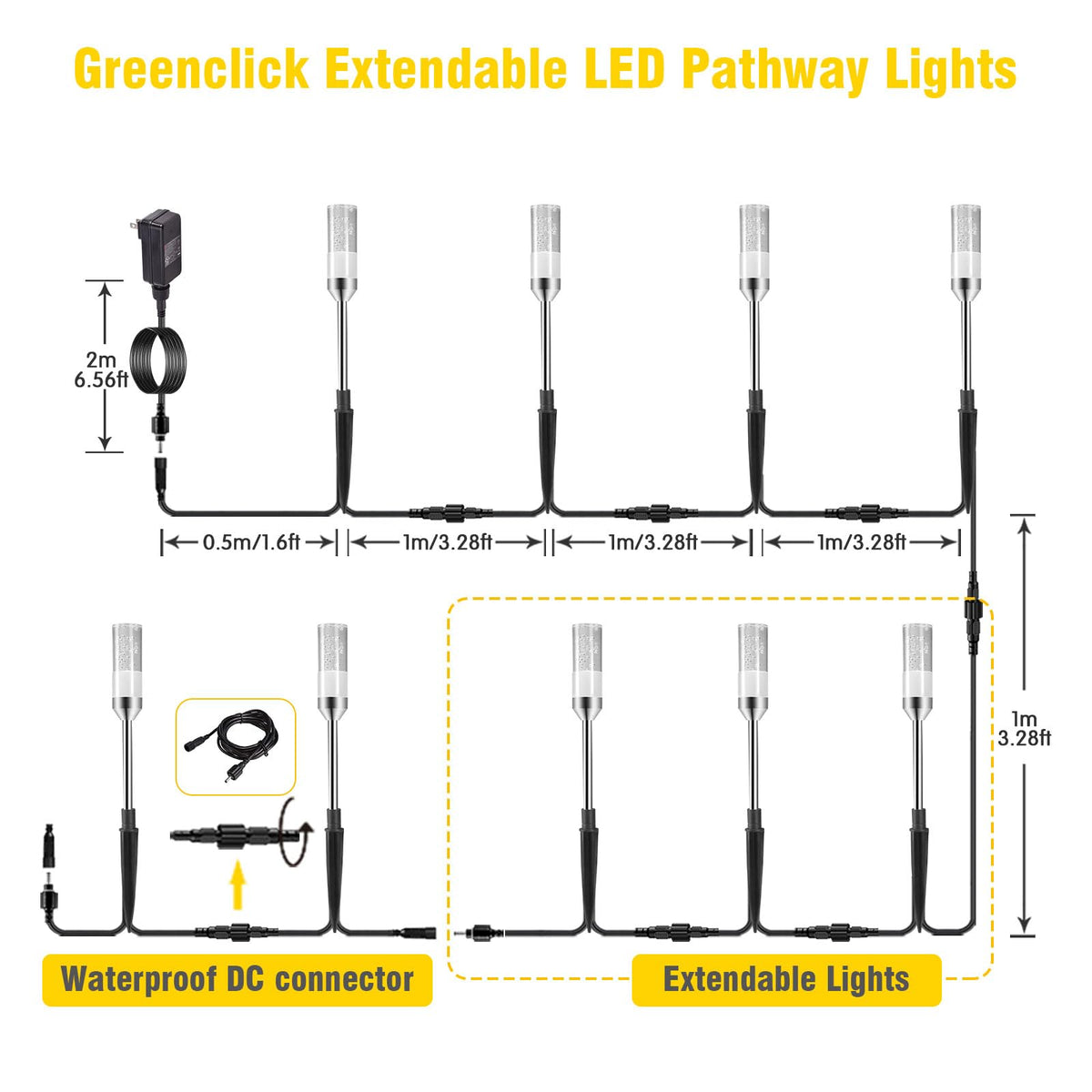 GreenClick LED Pathway Lights, 4.8W 12V AC/DC Low Voltage Path Lights, 570 Lumen 6 Pack Extendable Outdoor Landscape Lighting IP65 Waterproof Garden Lights for Yard Walkway Driveway, 2700K