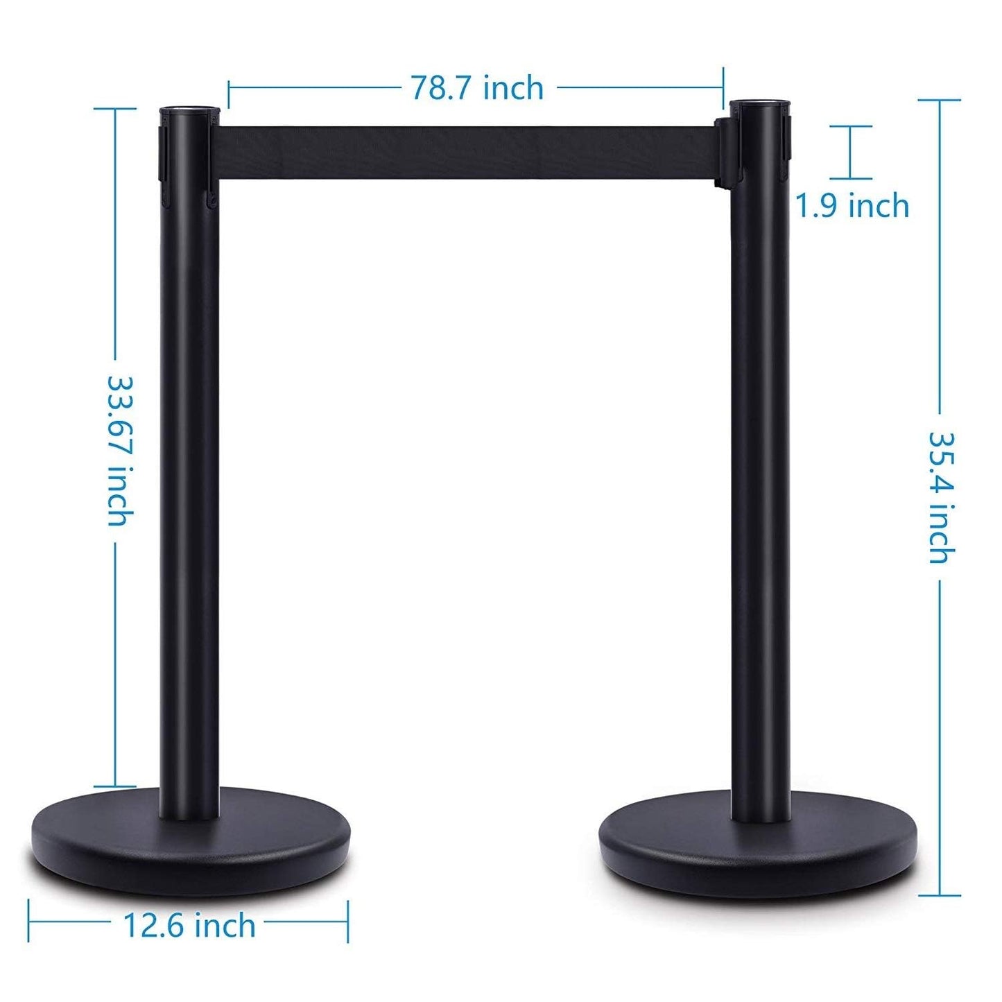 DuraSteel Black Crowd Control Barriers Stanchions with Retractable Belts - Metal Stanchion Posts w/ 6.5ft Black Retractable Barrier Belt Ropes - Queue VIP Safety Line Dividers - Set of 6 Stantions