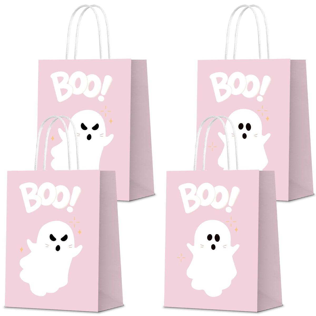 KERINGO 16 PCS Halloween Kraft Paper Gift Bags Pink Ghost Boo Design with Handles for Halloween Themed Trick or Treat Party Favors Supplies