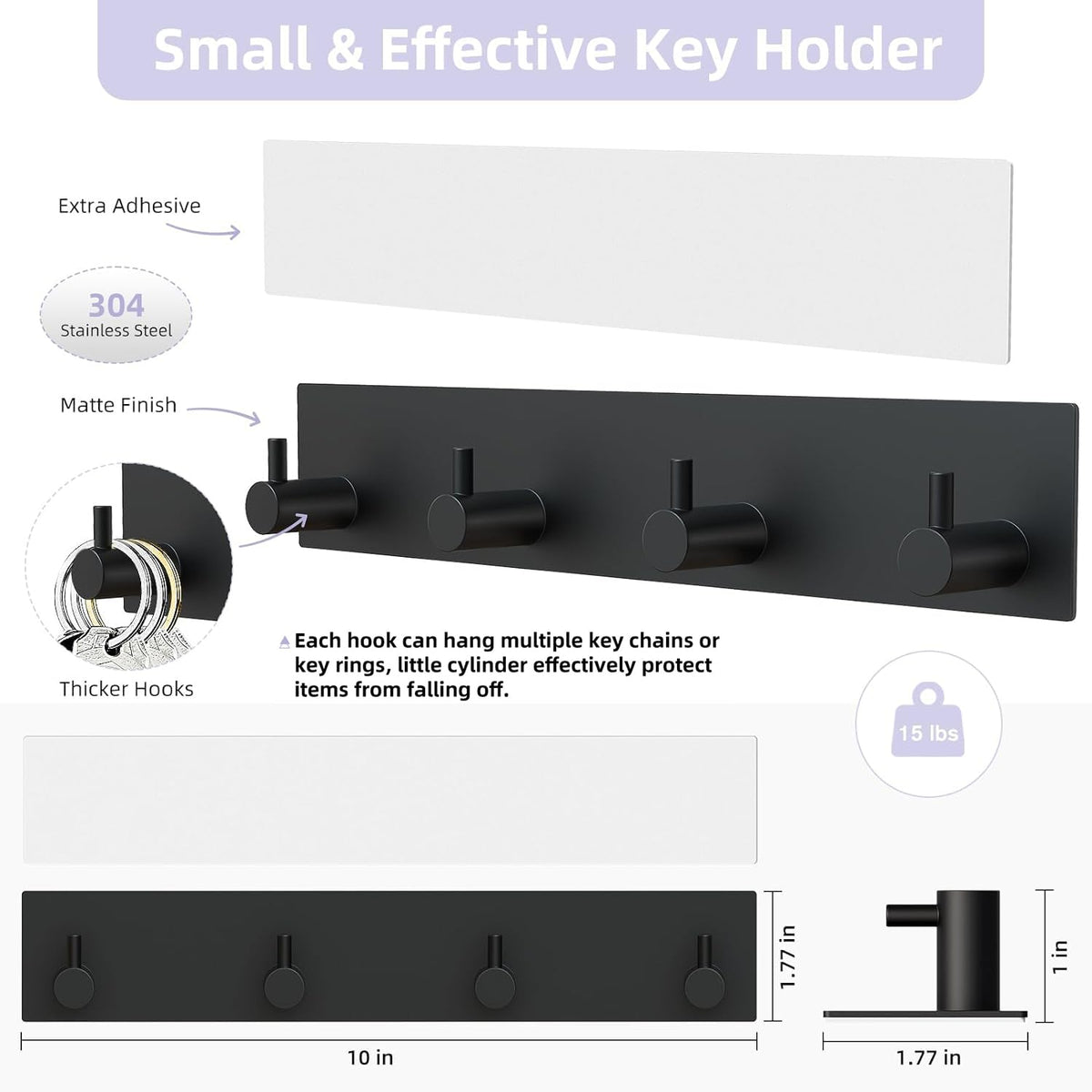 VIS'V Key Holder Wall Mount, Large Adhesive Key Hanger with 4 Hooks, Black