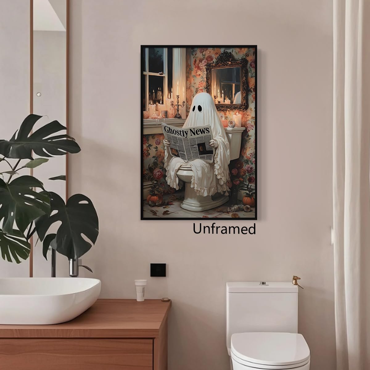 Venphude Ghost Bathroom Canvas Wall Art, Cute Ghost Reading Ghostly News on Toilet Poster, Pink Flowers Romantic Dark Academia Halloween Print, Gothic Spooky Wall Decor for Restroom 12x16in Unframed