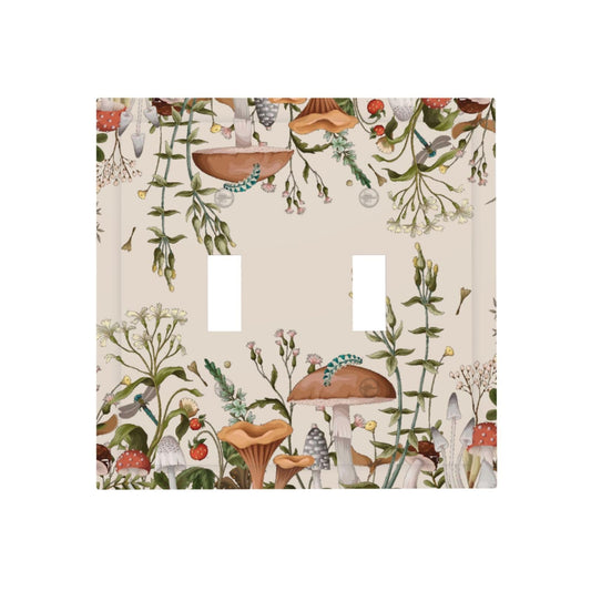Beige 70s Vintage Boho Mushroom Dragonfly Decorative 2-Gang Decorator Outlet Light Switch Cover Fungus Fern Plant Floral Botanical Double Toggle Dual Device Electrical Switch Face Wall Plate Cover