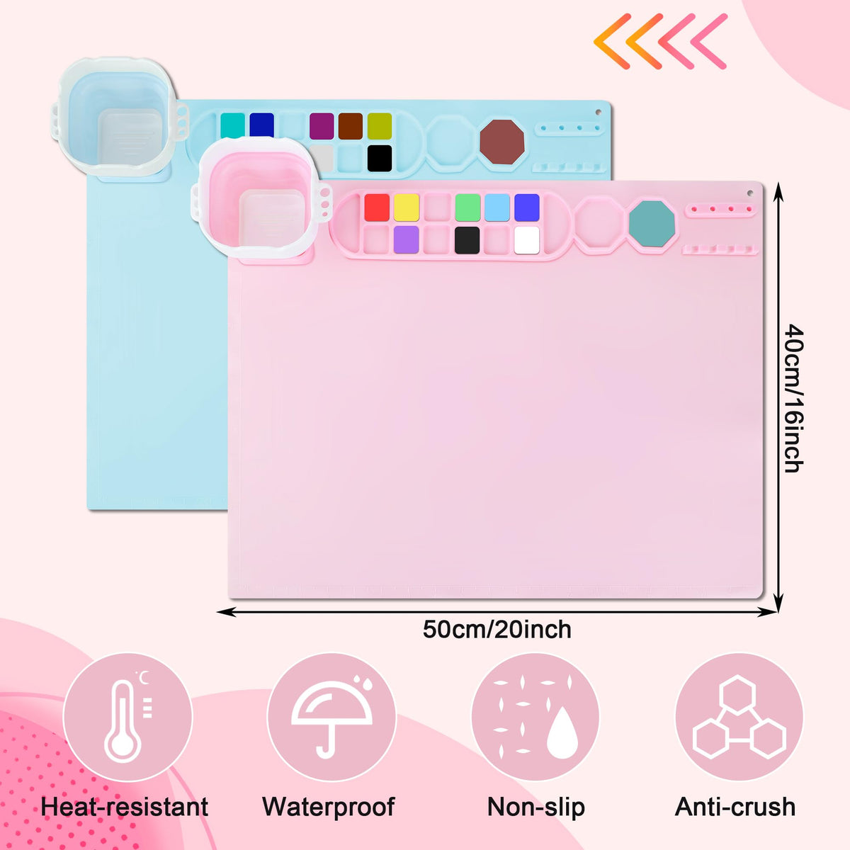 MEKOTRIN 2PCS Silicone Painting Mat, 20"X16" Art Mat with Cup and Palettes, Silicone Craft Mat has 16 Color Dividers, Paint Mat for Artist Clay DIY Creations(Pink+Blue)