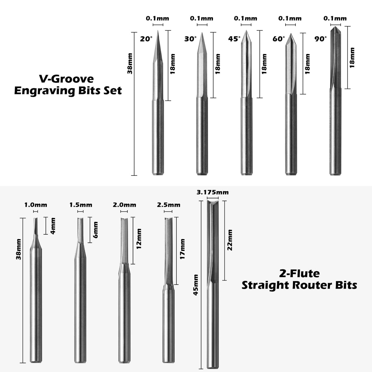 Genmitsu 50pcs Tungsten Carbide End Mill Router Bits, 1/8'' Shank CNC Bit Set Including 2-Flute Straight Bit, Flat Nose & Ball Nose End Mill, PCB Drill & V-Groove Engraving Bits, Nano Blue Coat, MC50A