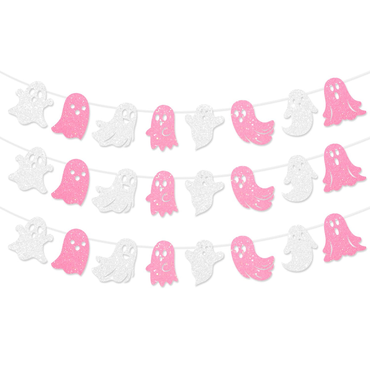 JKQ 3 Pack Glitter Halloween Ghost Banner White Pink Glittery Happy Halloween Party Ghost Hanging Decorations for Haunted Houses Indoor Outdoor Home Wall Mantle Fireplace Mansion Party Supplies