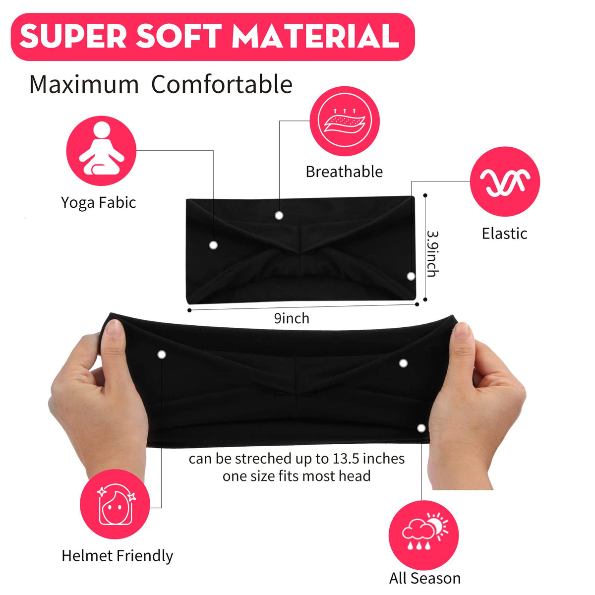 RITOPER Black Workout Yoga Headbands for Women,6 Pack Wide Elastic Thick Headbands for Running Athletic, Non Slip Stretchy Sweat Head Bands Hair Bands (Solid Headband)