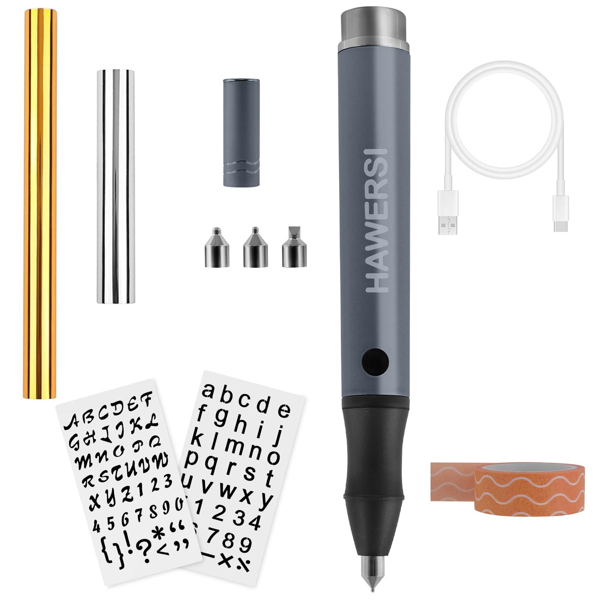 HAWERSI Cordless Hot Foil Pen Starter Kit,Foil Quill Tool with Stencil Sheets,4 Metal Tips(Fine,Standard,Bold,and Flat),Rolls in Gold,Silver and Placement Tape DIY Scrapbooks,Leather,Cards