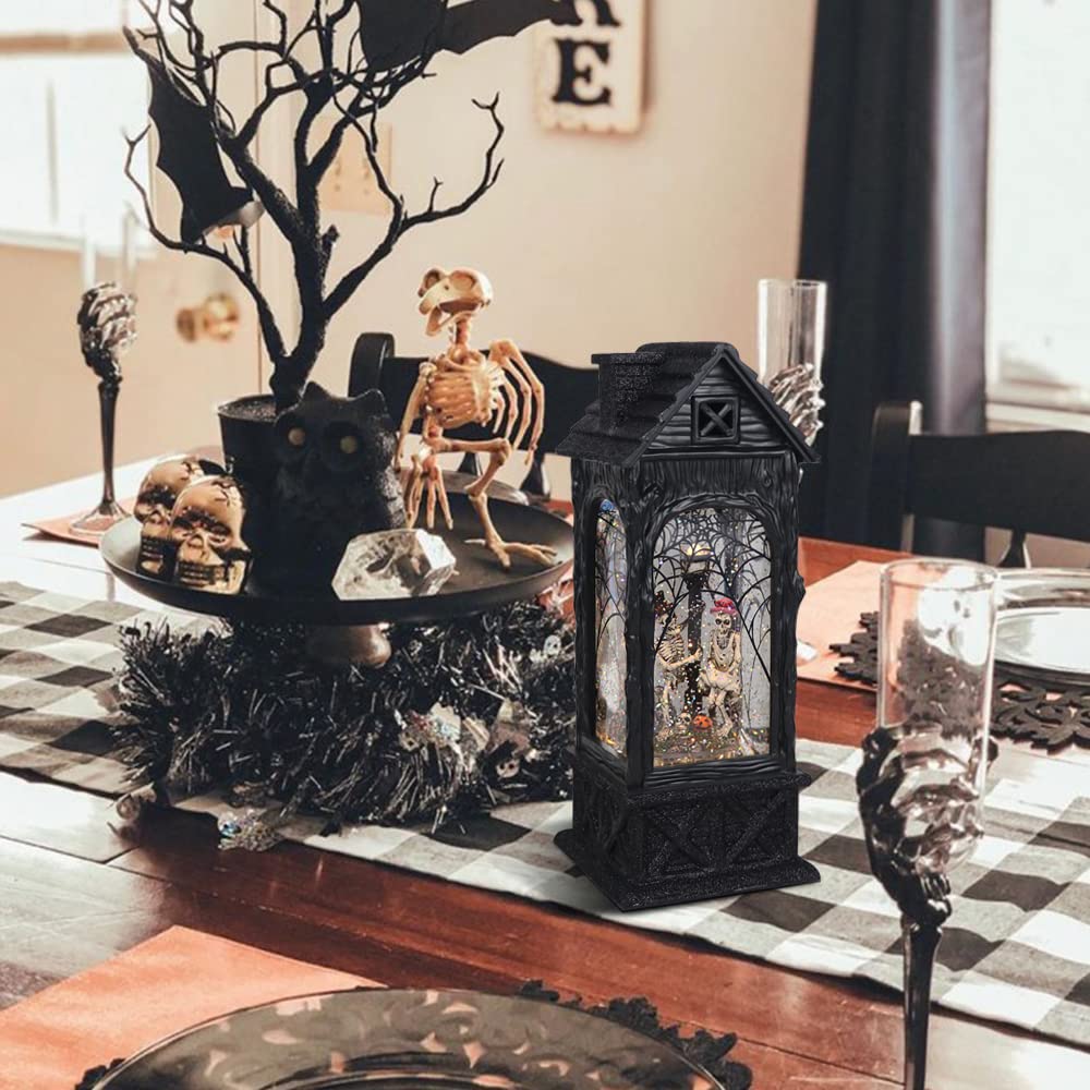 DRomance Halloween Snow Globe Projection Lantern with 6 Hour Timer, 3 AA Batteries Operated & USB Powered Skeleton Lighted Water Lantern Glittering Halloween Decor Gift, 10.7 Inch Tall