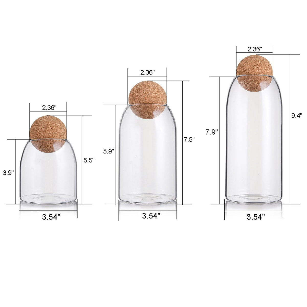 Suwimut 3 Pack Glass Storage Jar with Ball Cork Lid, Clear Glass Canisters with Cork Ball, Cute Decorative Round Glass Bottles with Airtight Wooden Lid for Spice, Sugar, Salt, Tea, Nuts, Coffee Beans