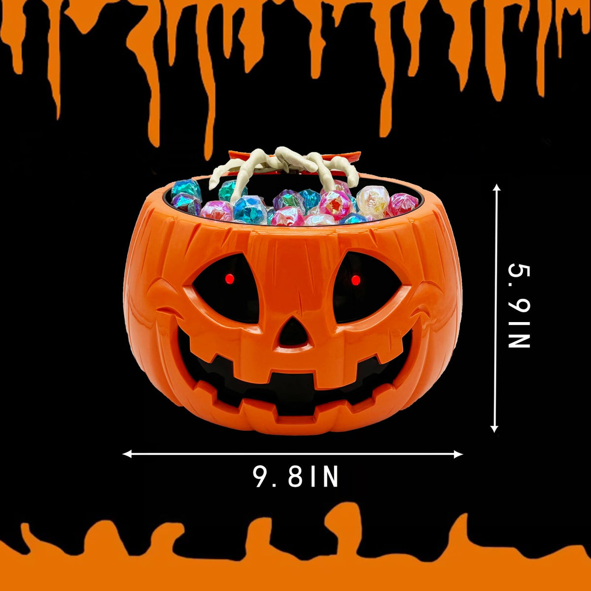 Animated Halloween Skull pumpkin Bowl trick or treat bucket talking large funny scary candy Bowl dispenser for porch hand grabber Candy treat plastic Dish with hand Creepy Moving supplies tray