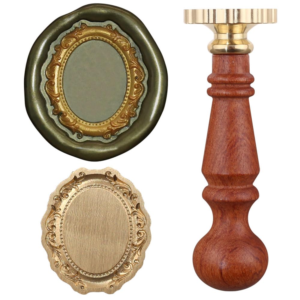 1PCS Wax Seal Stamp Head 1PCS Removable Wooden Handle,3D Embossed Oval Vintage Texture Brass Head Wax Stamp Retro Photo Frame Wax Seal Stamp Kit for Cards Envelopes Wedding Invitations Scrapbooking