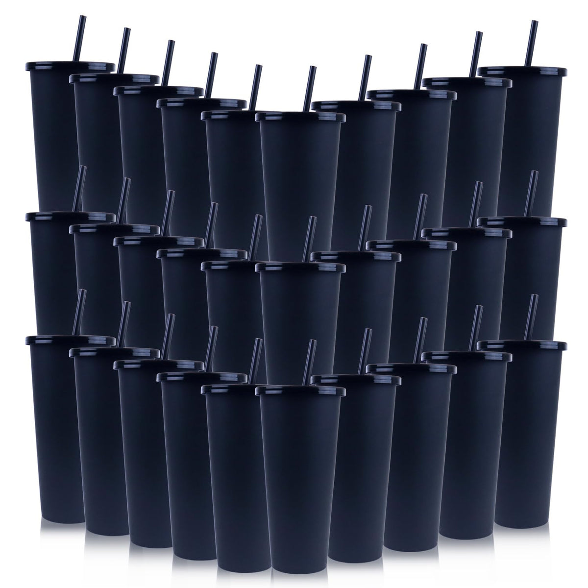 Ahongwenxi 30 Pack Halloween Black Plastic Cups with Lids and Straws, 24 oz Disposable Plastic Tumblers Iced Coffee Cups Travel Mug Cup for Juices Birthday Bachelorette Party Wedding (Black,24 oz)